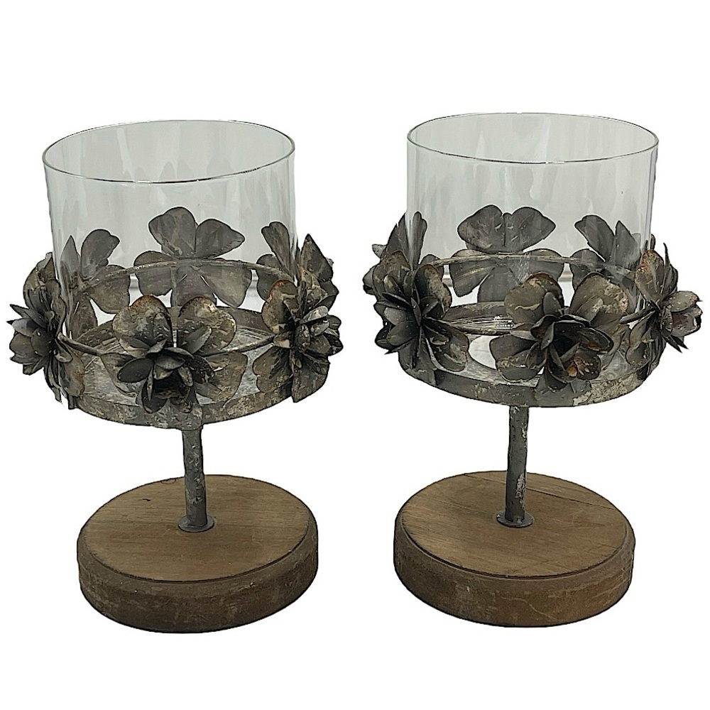 Set Of 2 Shabby Chic Galvanized Metal Rose Hurricane Glass & Wood Candle Holders